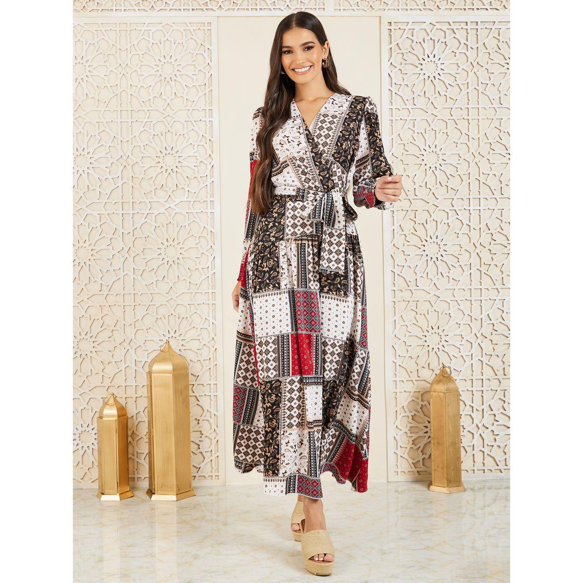 Styli Patchwork Print A-Line Wrap Maxi Dress-women-clothing-dresses-image-1