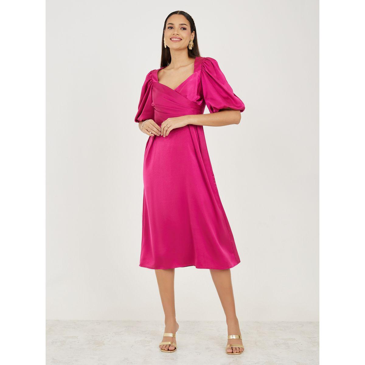Styli Satin Pleated Sweetheart Neck A-Line Midi Dress-women-clothing-dresses-image-1