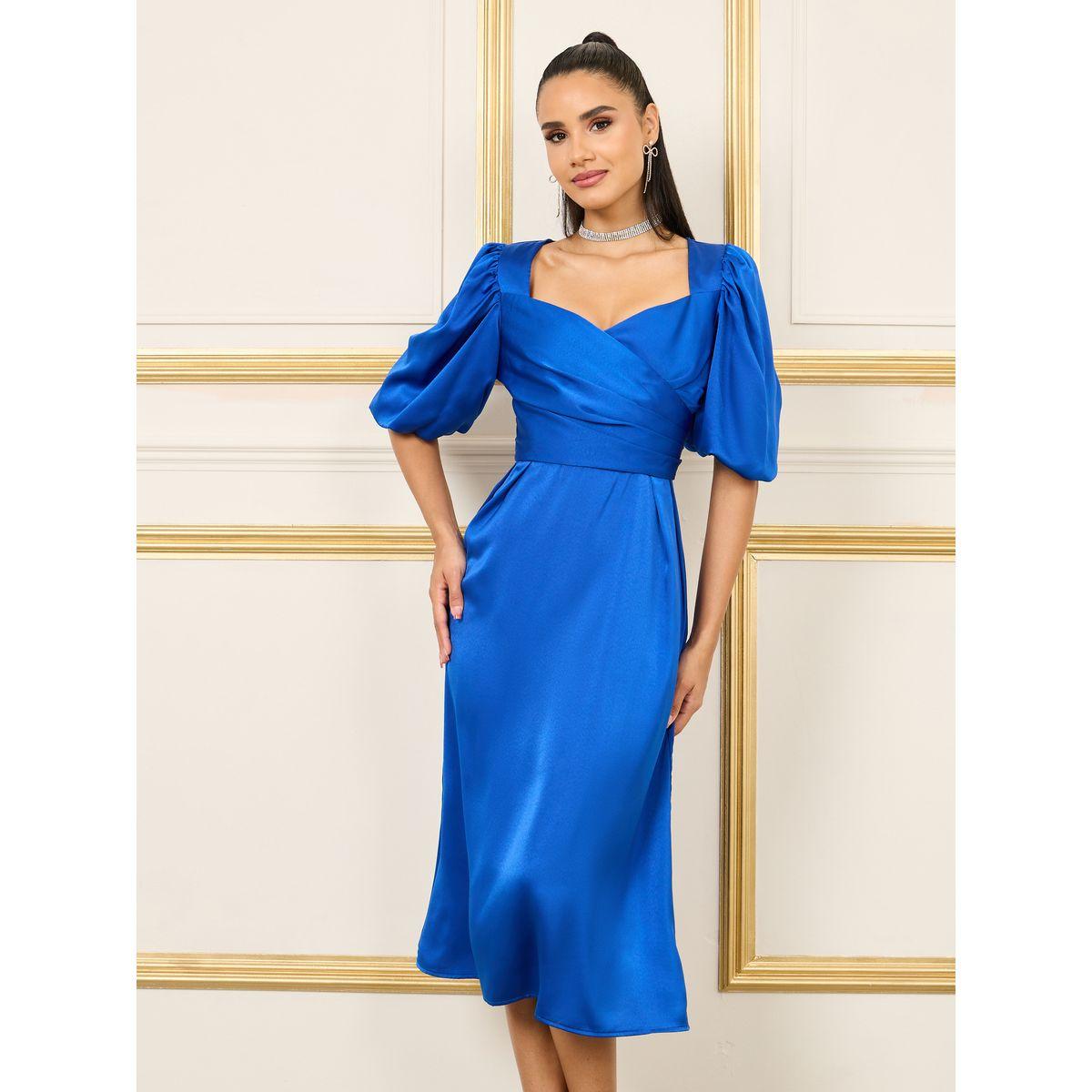 Styli Satin Pleated Sweetheart Neck A-Line Midi Dress-women-clothing-dresses-image-1