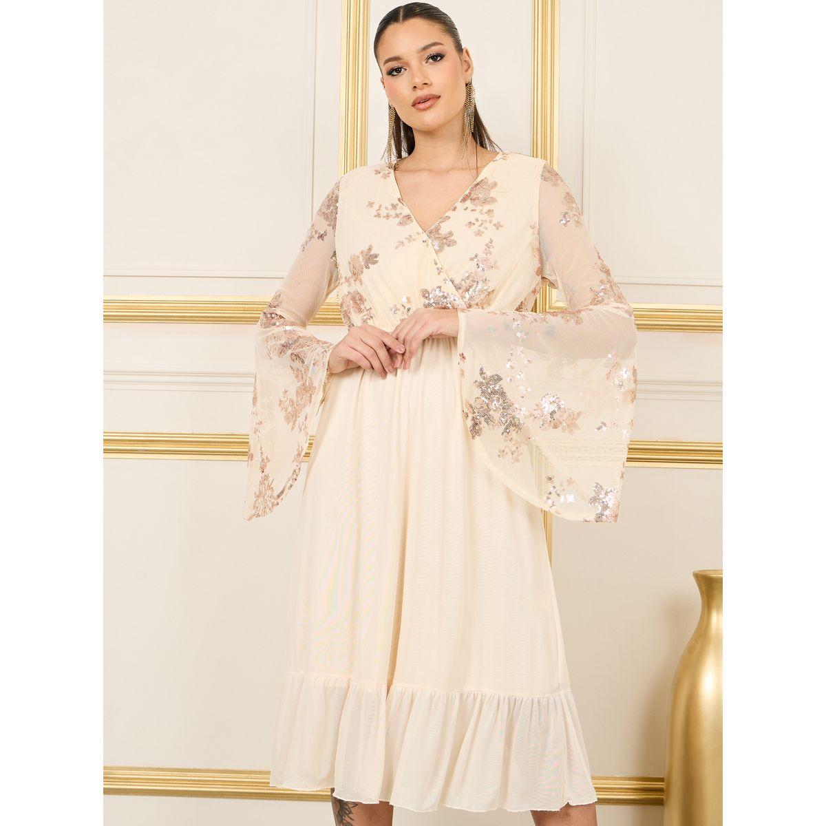 فستان ميدي مزين بالترتر مع اكمام جرس-women-clothing-dresses-image-2