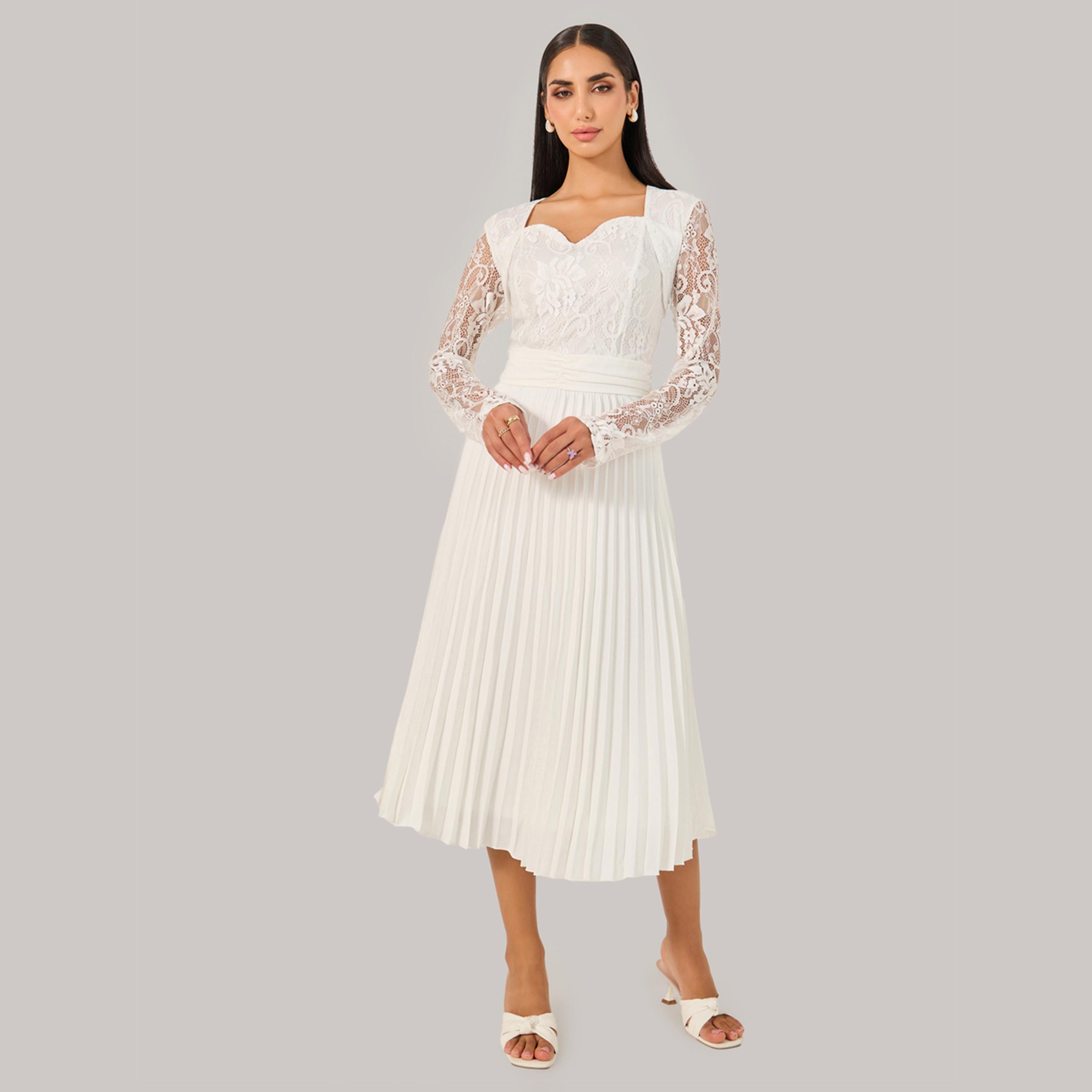 Styli Lace Detail Pleated A-Line Midi Dress-women-clothing-dresses-image-3