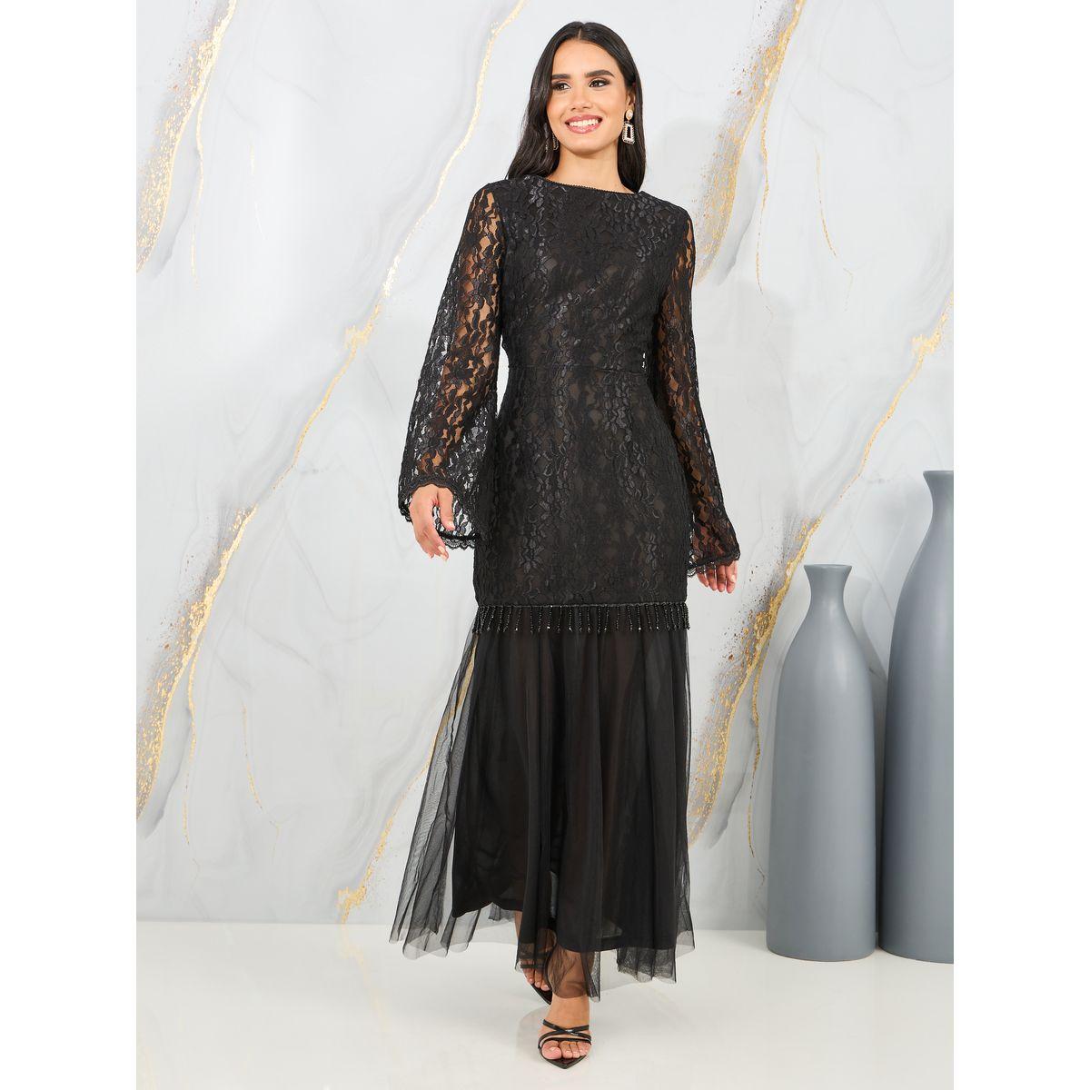 Styli Lace Insert Beaded Tassel Detail Mermaid Maxi Dress-women-clothing-dresses-image-1