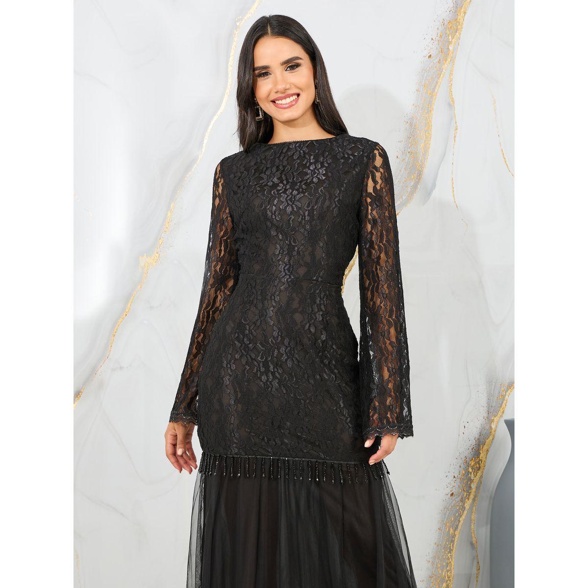 Styli Lace Insert Beaded Tassel Detail Mermaid Maxi Dress-women-clothing-dresses-image-2
