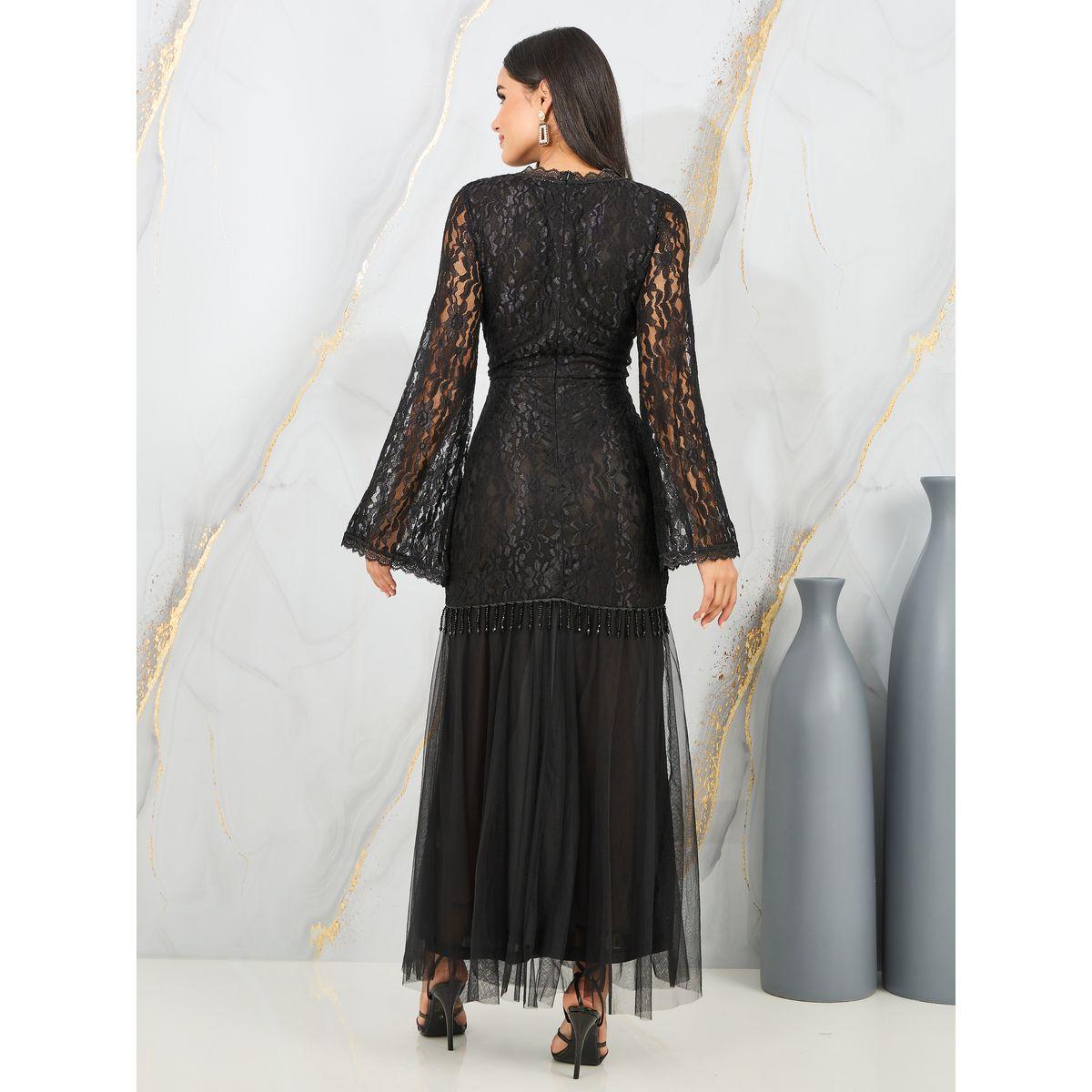 Styli Lace Insert Beaded Tassel Detail Mermaid Maxi Dress-women-clothing-dresses-image-4