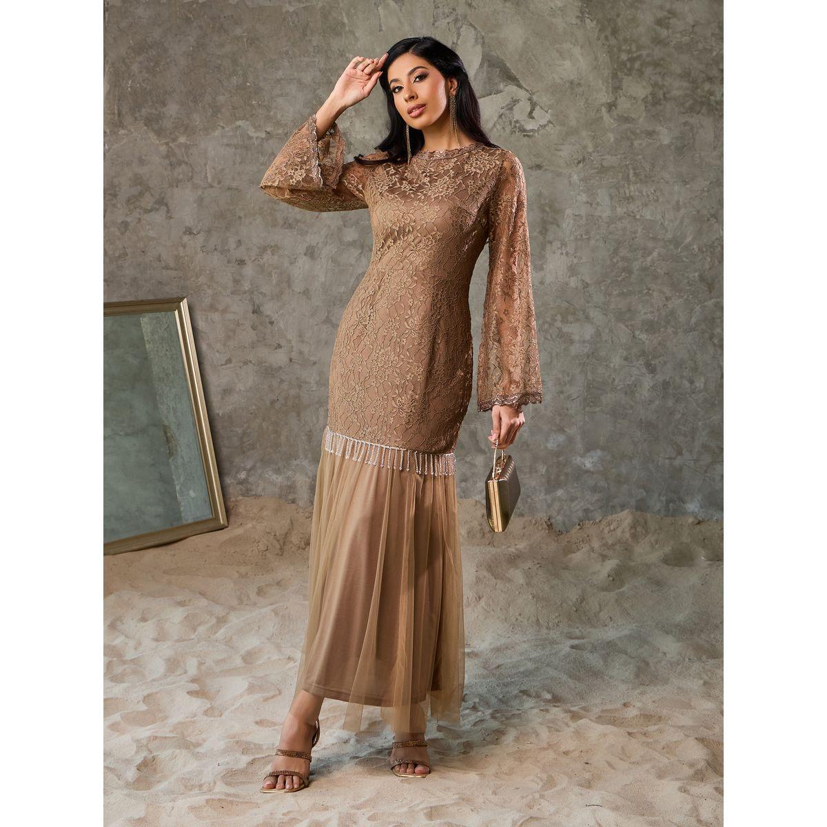 Styli Lace Insert Beaded Tassel Detail Mermaid Maxi Dress-women-clothing-dresses-image-1