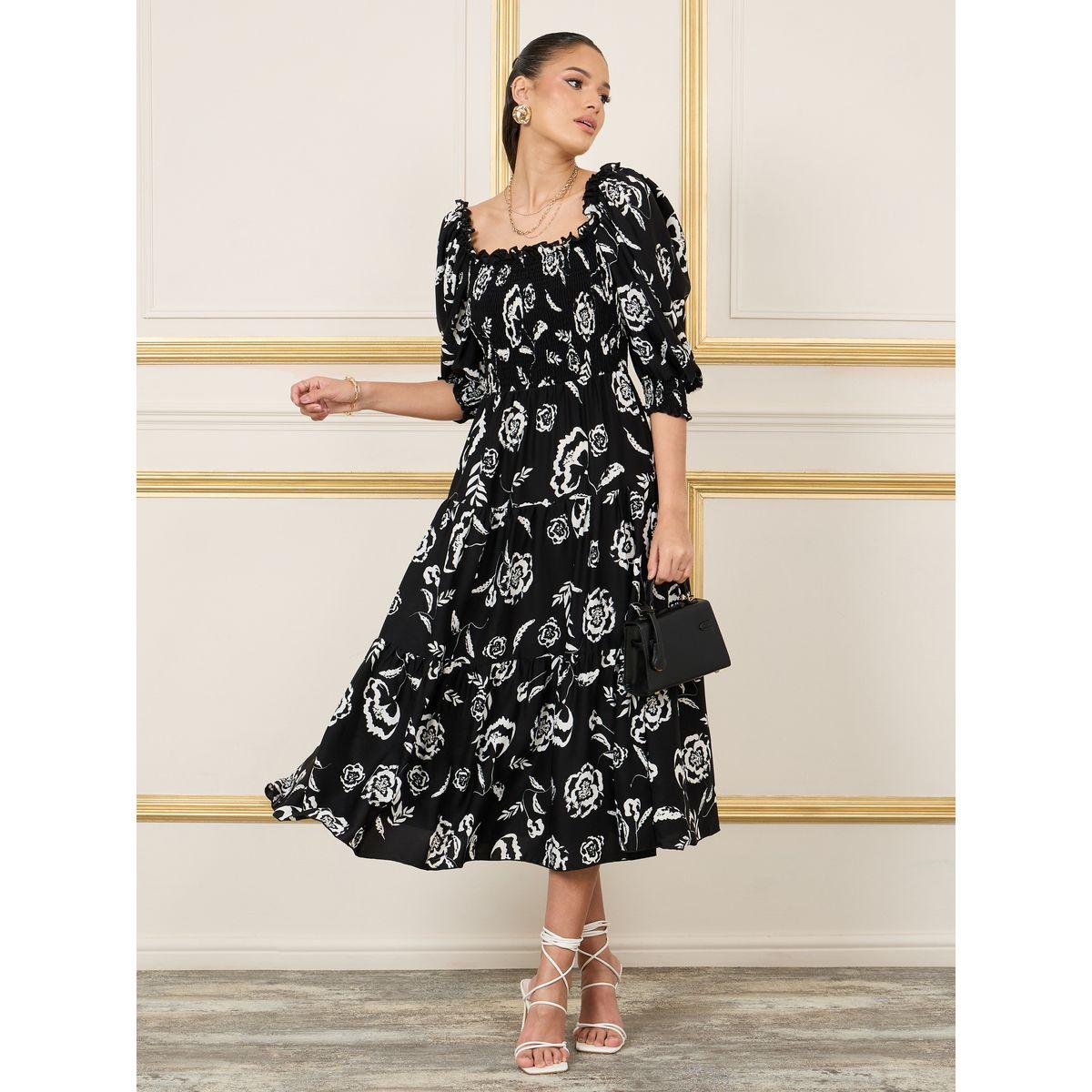Styli Floral Print Smocked Detail A-Line Midi Dress-women-clothing-dresses-image-1