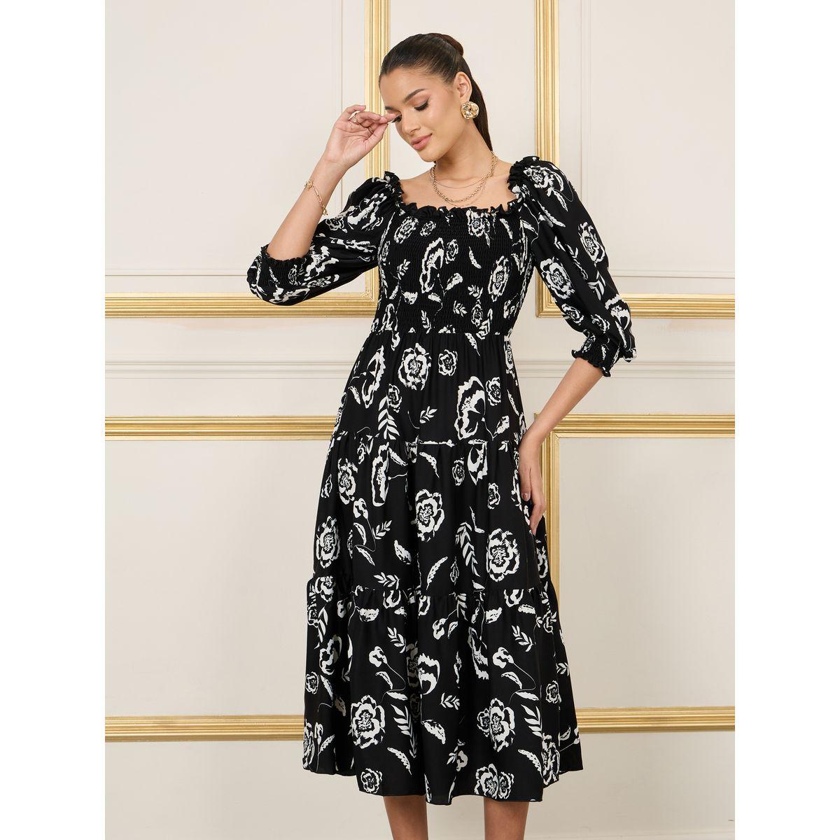 Styli Floral Print Smocked Detail A-Line Midi Dress-women-clothing-dresses-image-2