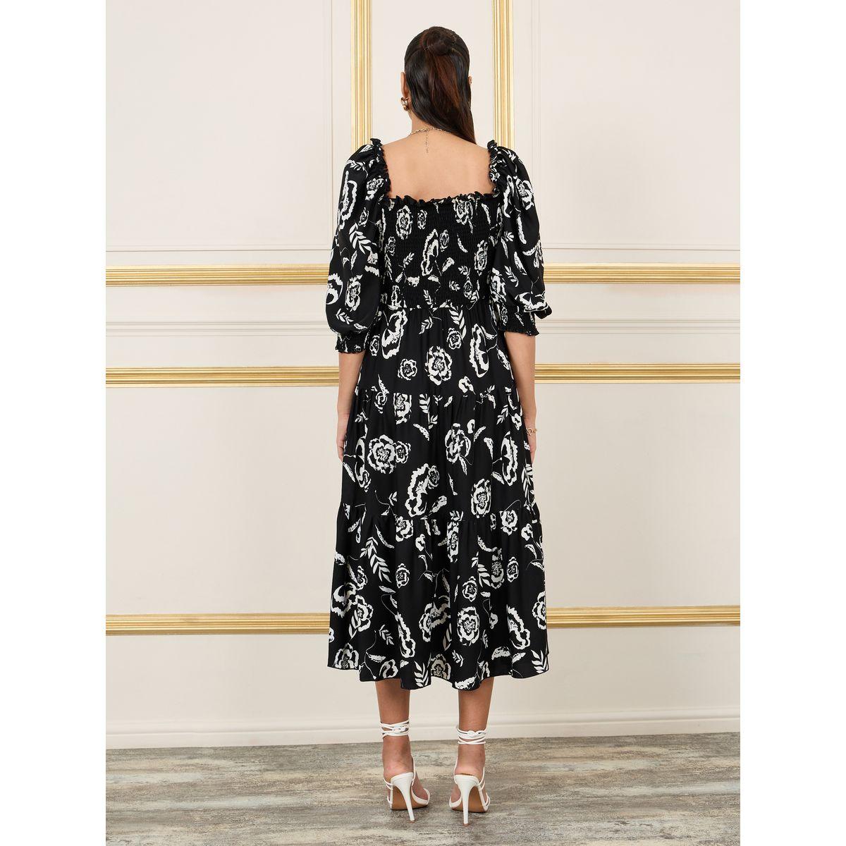 Styli Floral Print Smocked Detail A-Line Midi Dress-women-clothing-dresses-image-4