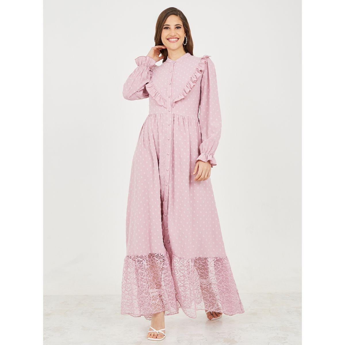 فستان طويل بتفاصيل دانتيل وكشكش-women-clothing-dresses-image-1