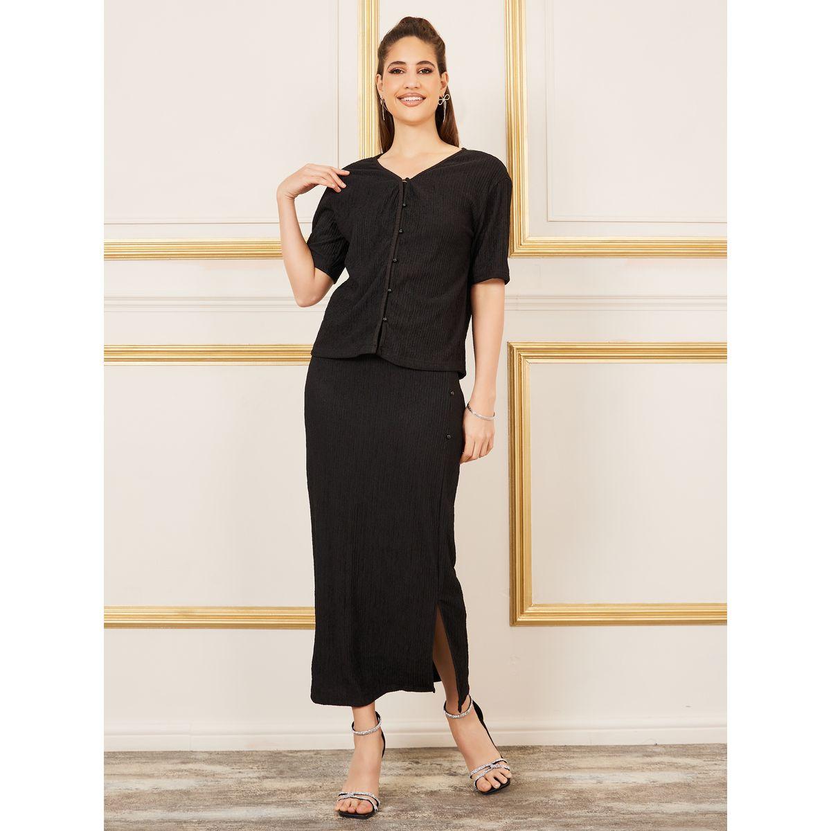 Styli Crepe Textured Button Up Top and Side Slit Detail Maxi Skirt Co-Ords-women-clothing-coordsets-image-7