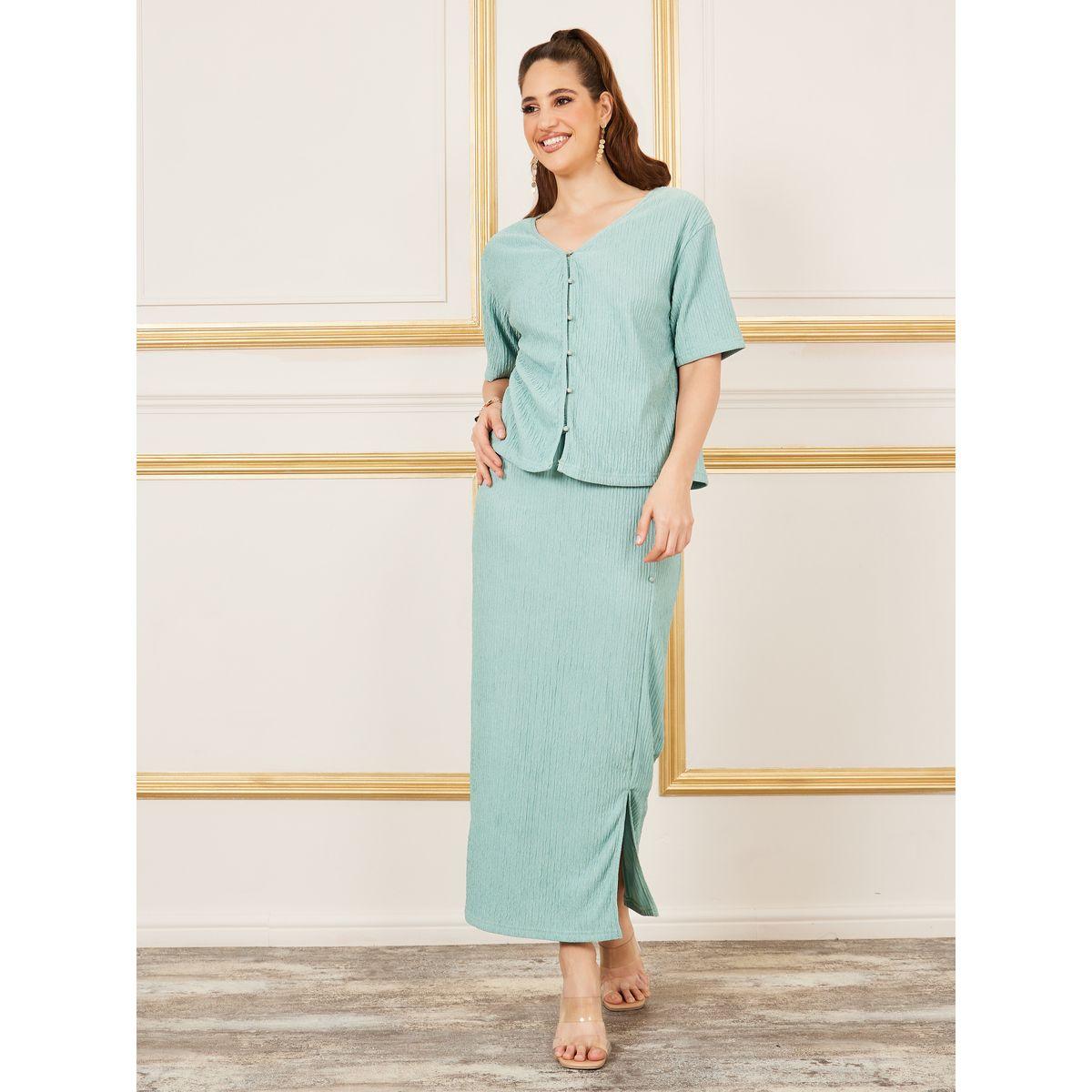 Styli Crepe Textured Button Up Top and Side Slit Detail Maxi Skirt Co-Ords-women-clothing-coordsets-image-1