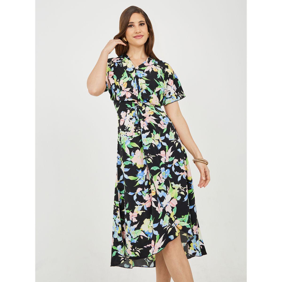 Styli Front Twist Detail Floral Print A-Line Midi Dress-women-clothing-dresses-image-1