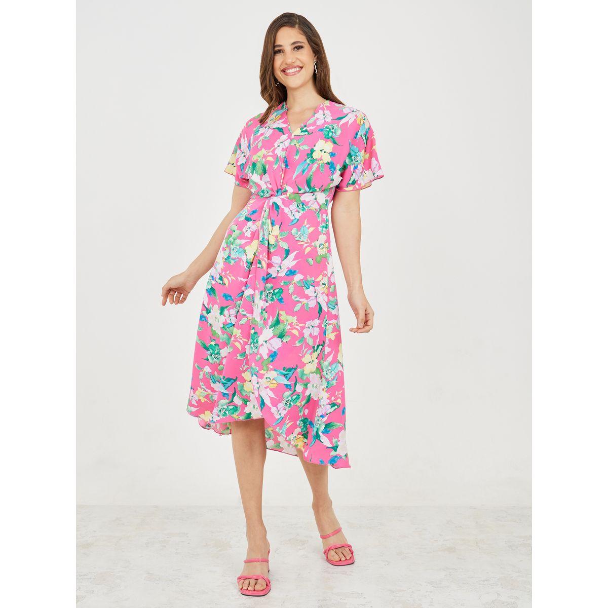 فستان ميدي بطبعة زهور وتفاصيل ملفوفة-women-clothing-dresses-image-1