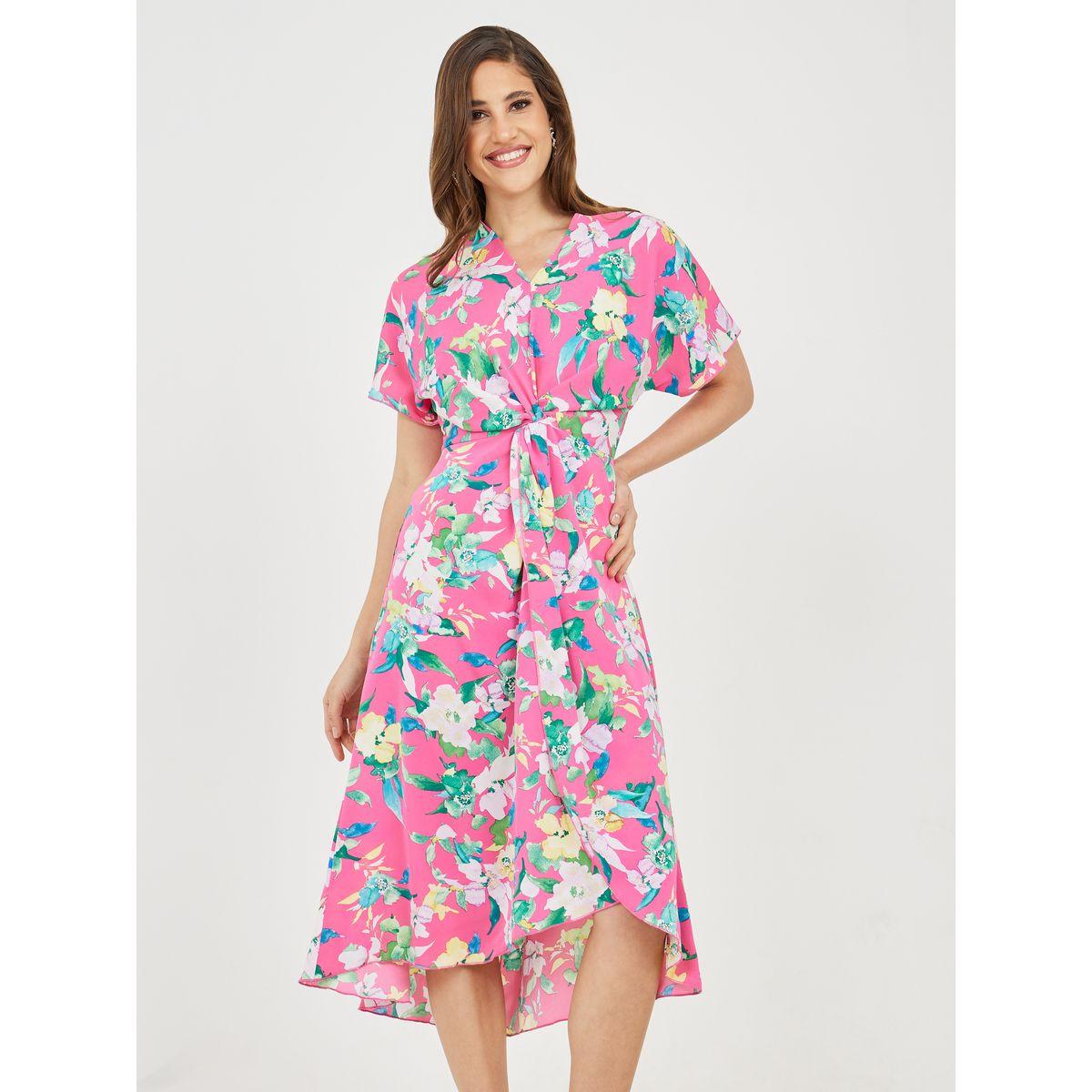 فستان ميدي بطبعة زهور وتفاصيل ملفوفة-women-clothing-dresses-image-2