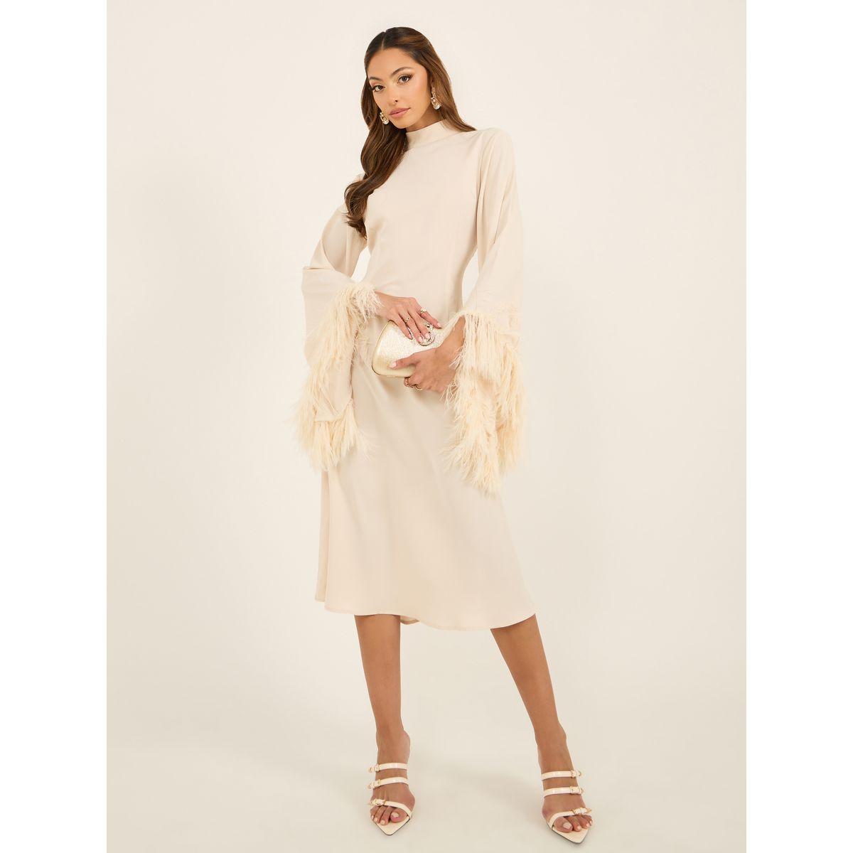 فستان متوسط ​​الطول بياقة عالية وتفاصيل فرو صناعي-women-clothing-dresses-image-2