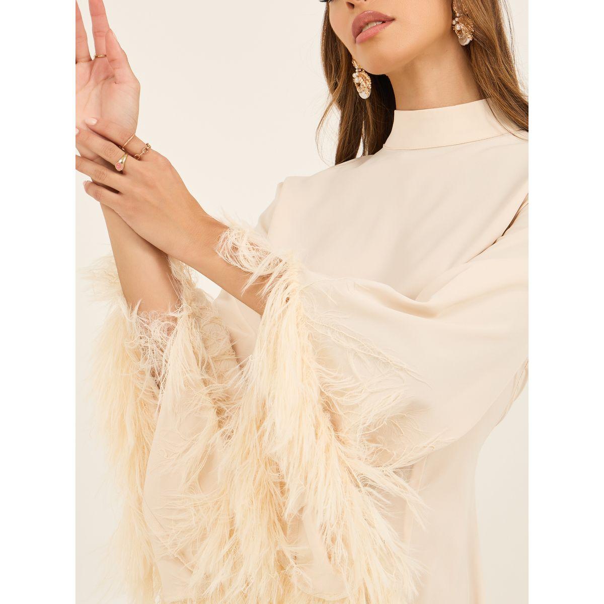 فستان متوسط ​​الطول بياقة عالية وتفاصيل فرو صناعي-women-clothing-dresses-image-5