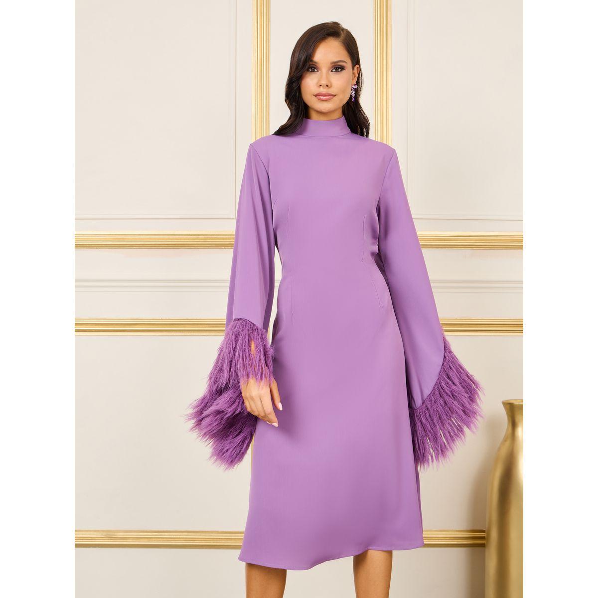 Styli Faux Fur Trim Sleeves A Line Midi Dress-women-clothing-dresses-image-2