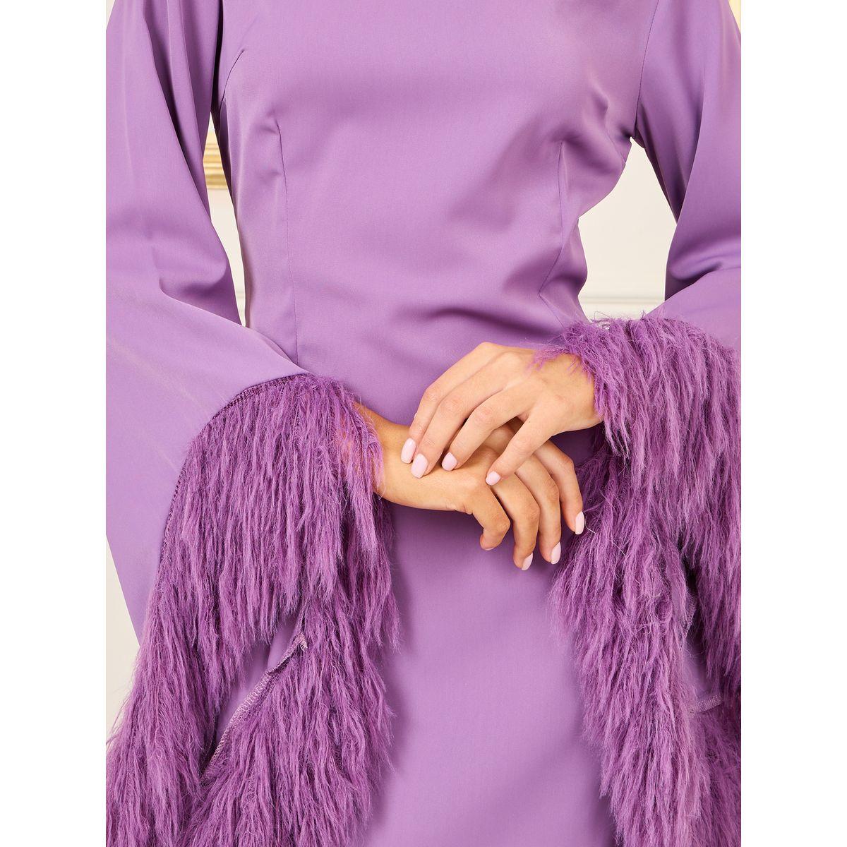 Styli Faux Fur Trim Sleeves A Line Midi Dress-women-clothing-dresses-image-3