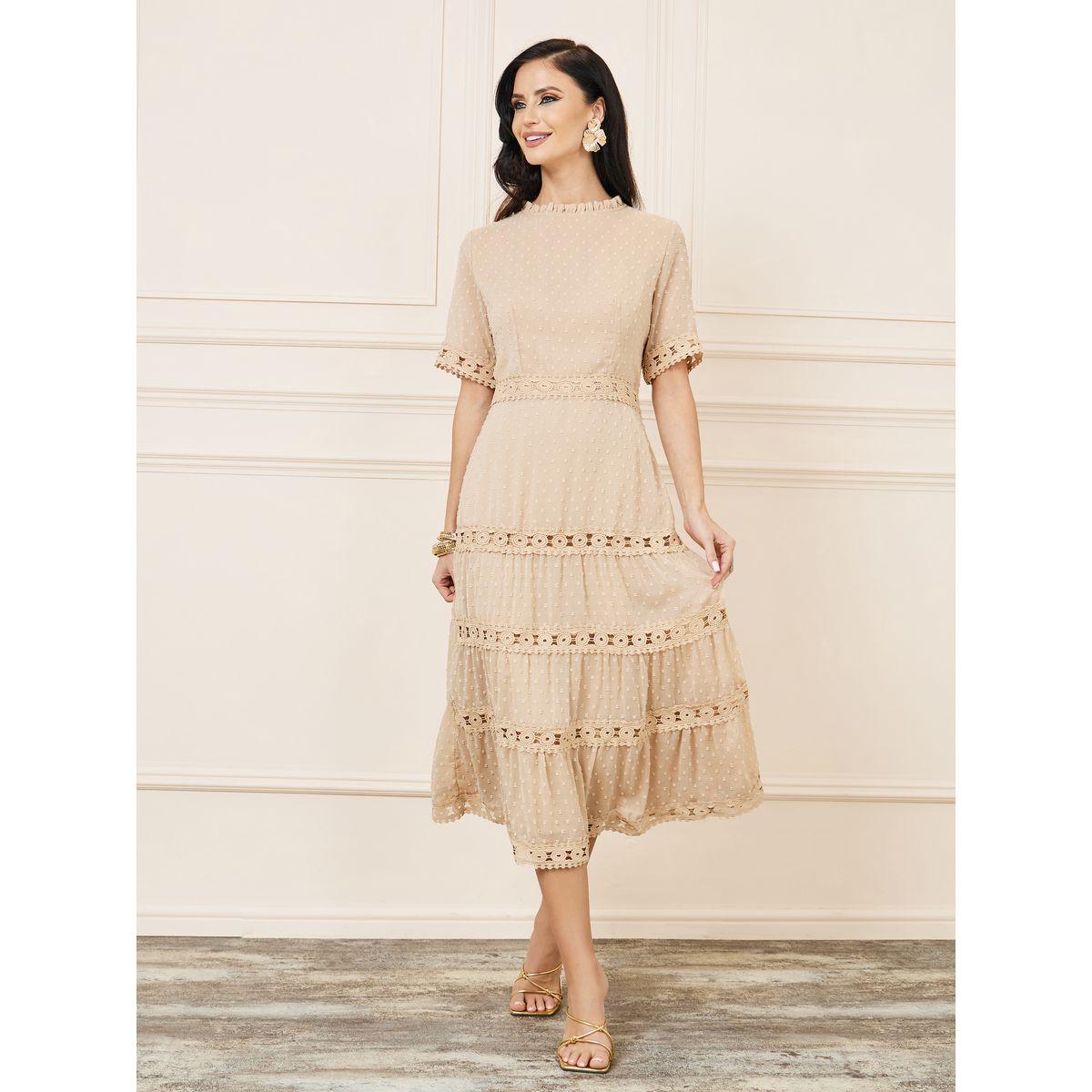 Styli Dobby Lace Detail Tiered Midi Dress-women-clothing-dresses-image-1