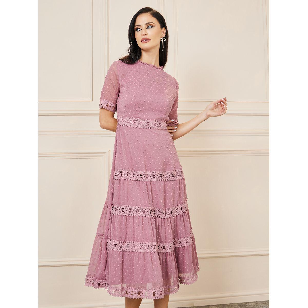 Styli Dobby Lace Detail Tiered Midi Dress-women-clothing-dresses-image-1