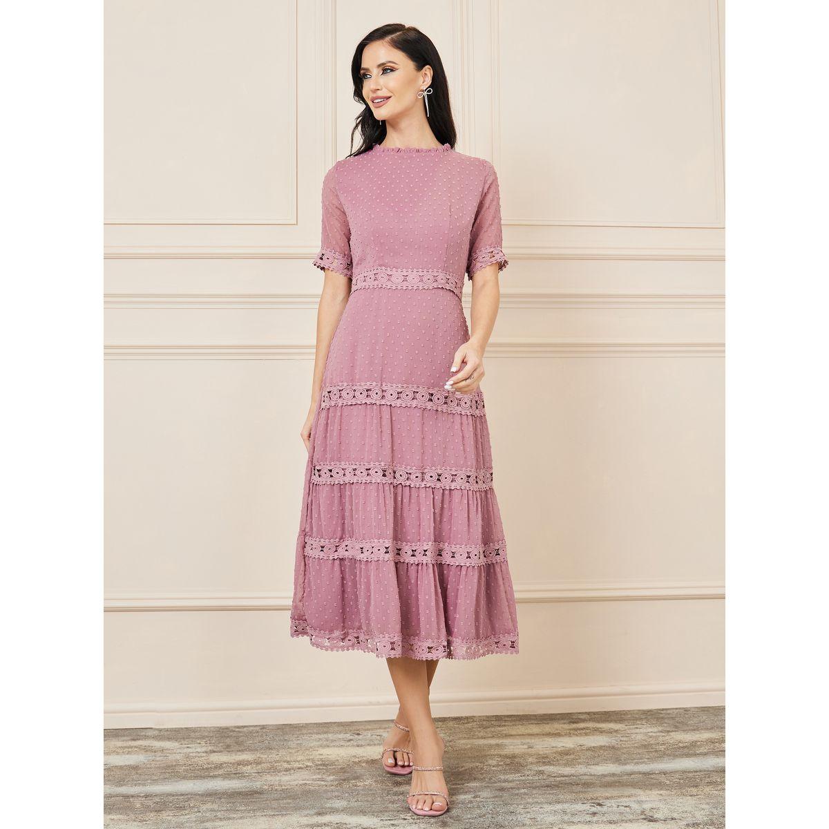 فستان ميدي بكسرات وتفاصيل دانتيل-women-clothing-dresses-image-2