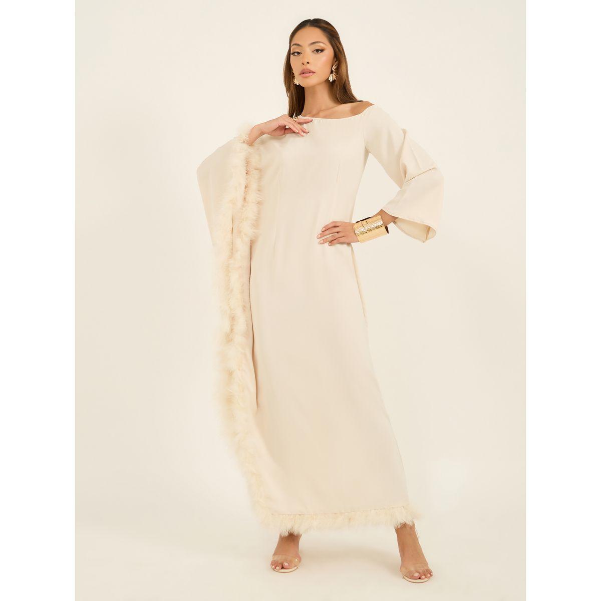 Asymmetric Neck Faux Fur Trim Maxi Dress-women-clothing-dresses-image-1