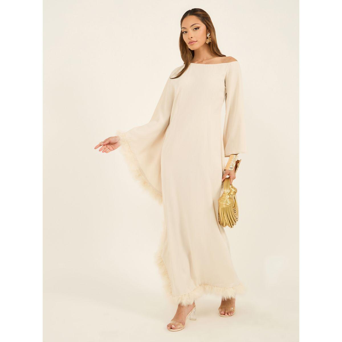 Asymmetric Neck Faux Fur Trim Maxi Dress-women-clothing-dresses-image-2