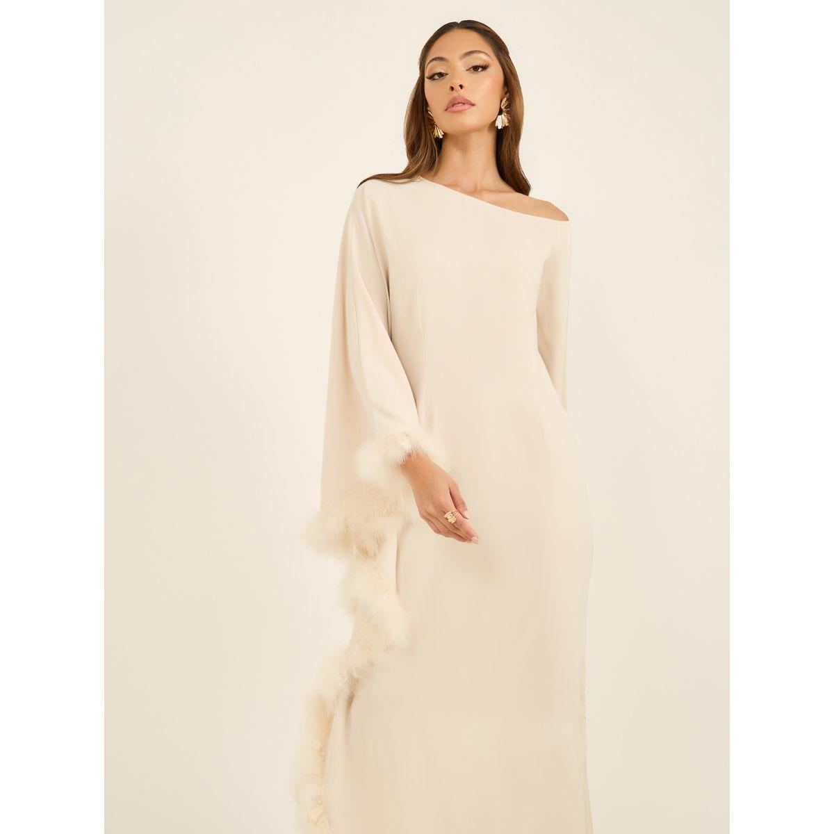 Asymmetric Neck Faux Fur Trim Maxi Dress-women-clothing-dresses-image-3