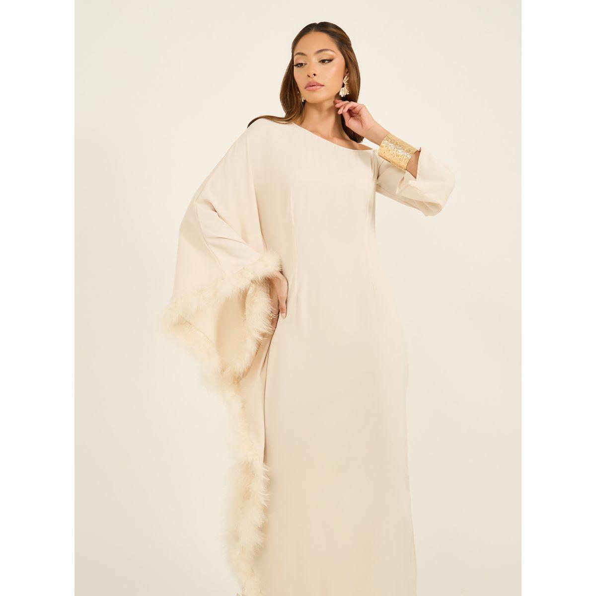 Asymmetric Neck Faux Fur Trim Maxi Dress-women-clothing-dresses-image-4