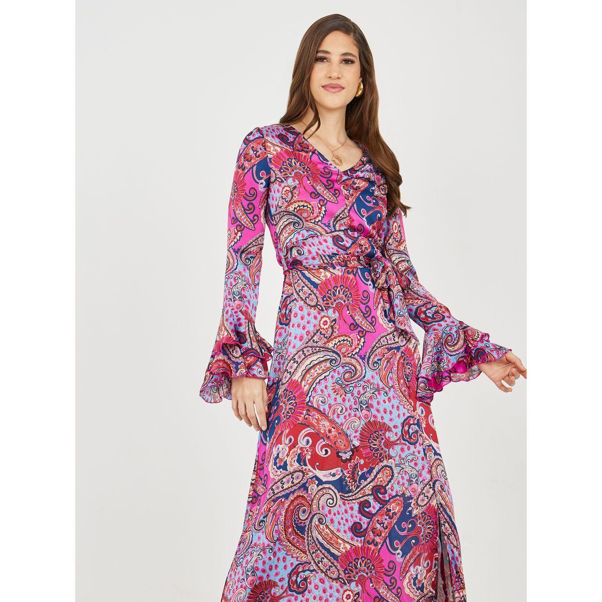 فستان طويل بطبعة بوهيمية واكمام فلوت-women-clothing-dresses-image-2