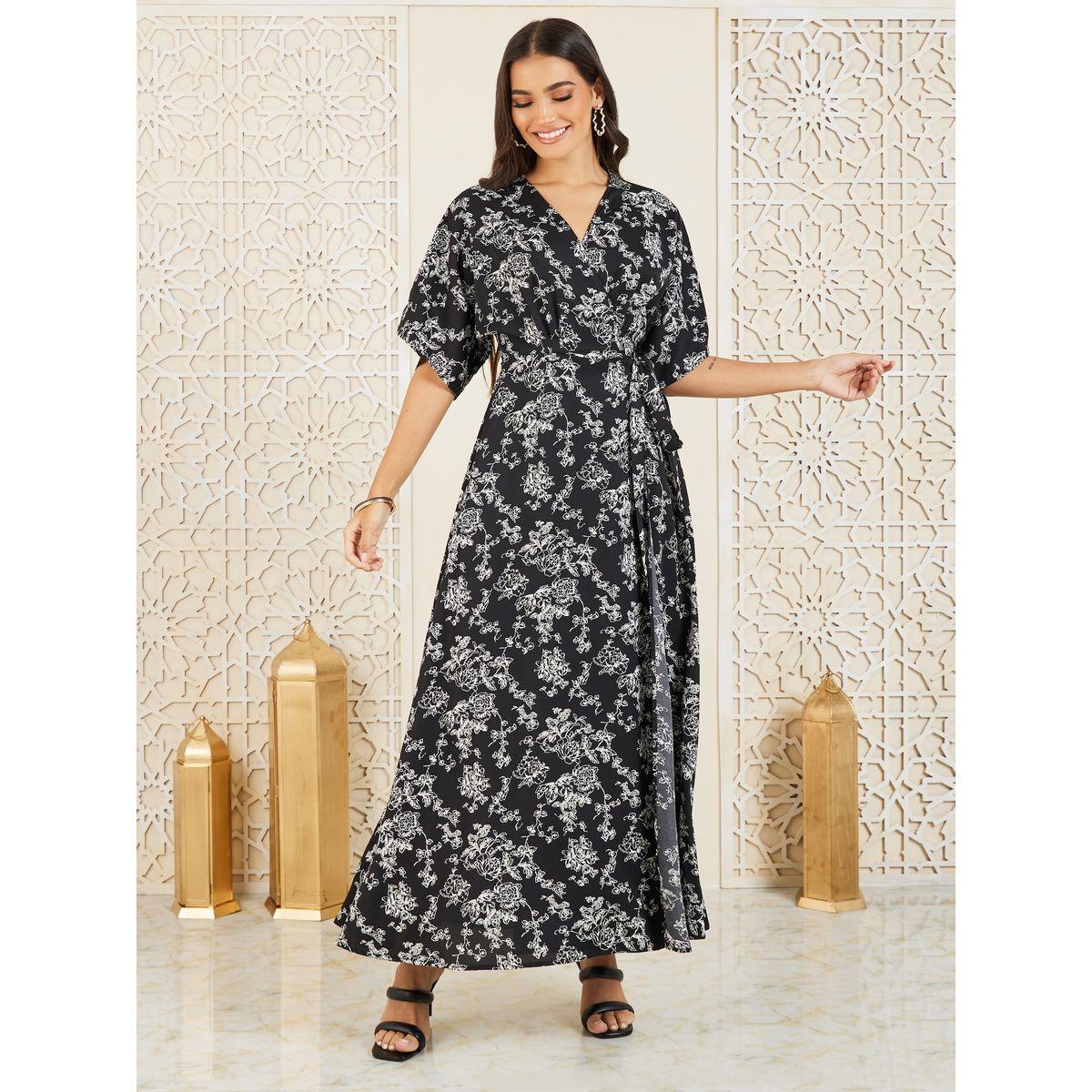 فستان طويل بنمط لف وطبعة زهور-women-clothing-dresses-image-1