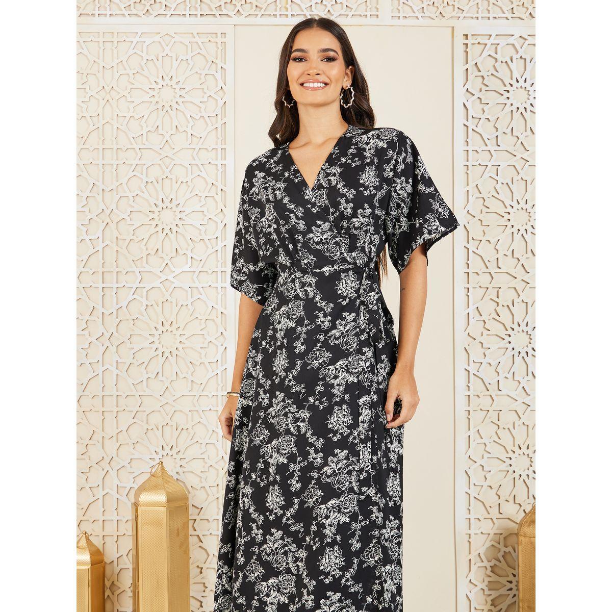 Styli Floral Print Short Sleeves A-Line Wrap Maxi Dress-women-clothing-dresses-image-2