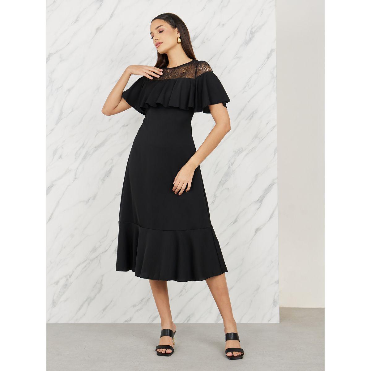 Styli Mesh Insert Ruffle Detail A-Line Midi Dress-women-clothing-dresses-image-1