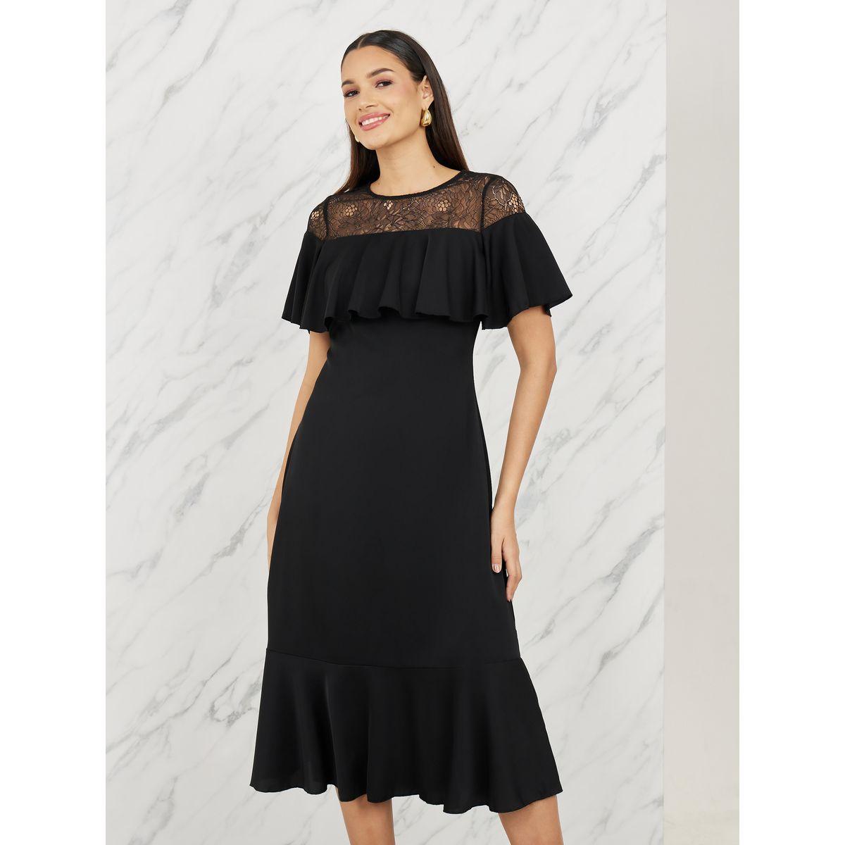 Styli Mesh Insert Ruffle Detail A-Line Midi Dress-women-clothing-dresses-image-2