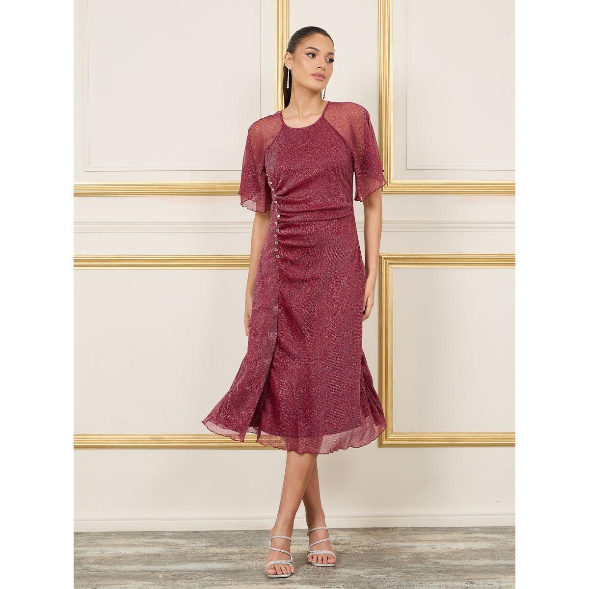 Styli Button Detail Glitter Mesh Sleeves A-Line Midi Dress-women-clothing-dresses-image-1