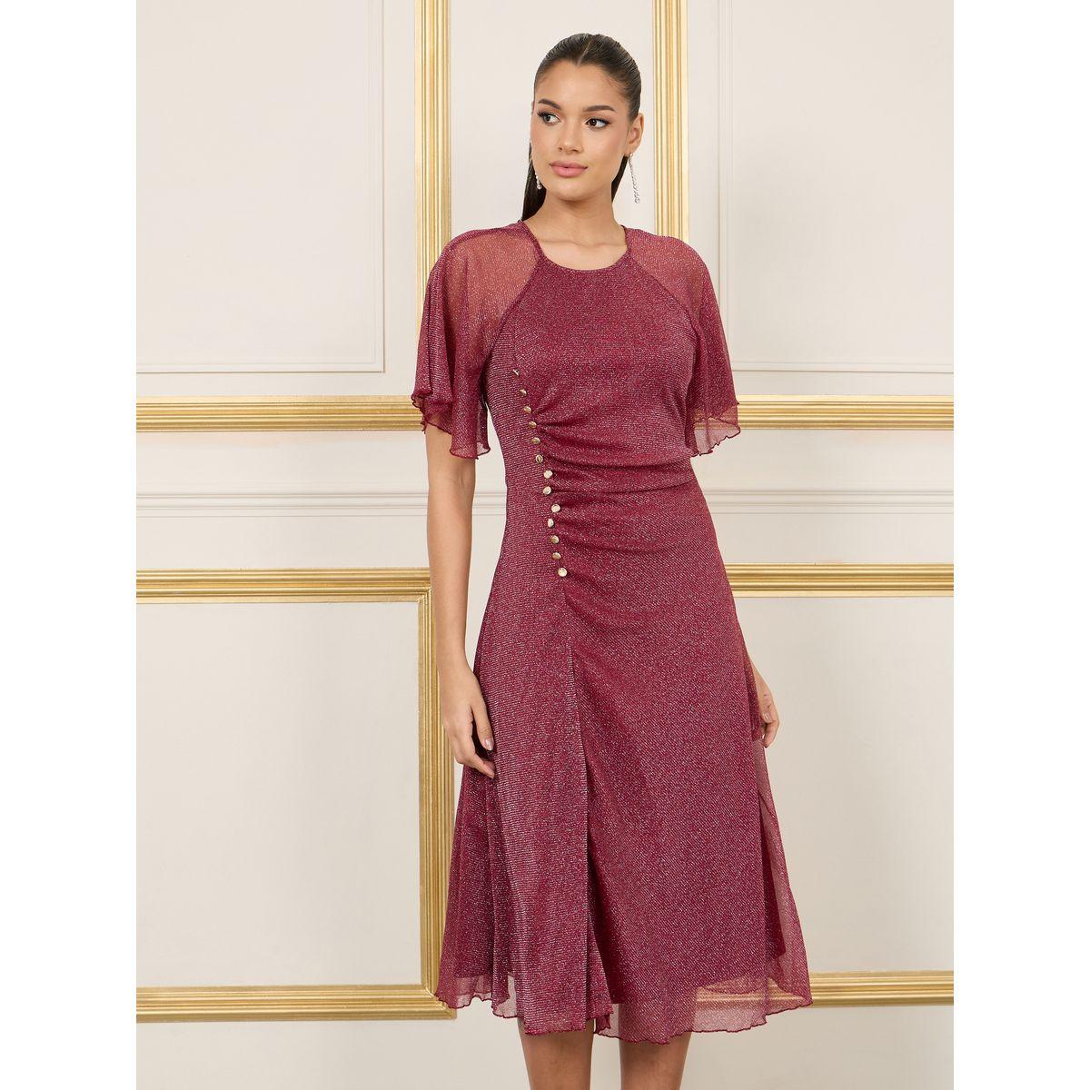 Styli Button Detail Glitter Mesh Sleeves A-Line Midi Dress-women-clothing-dresses-image-2