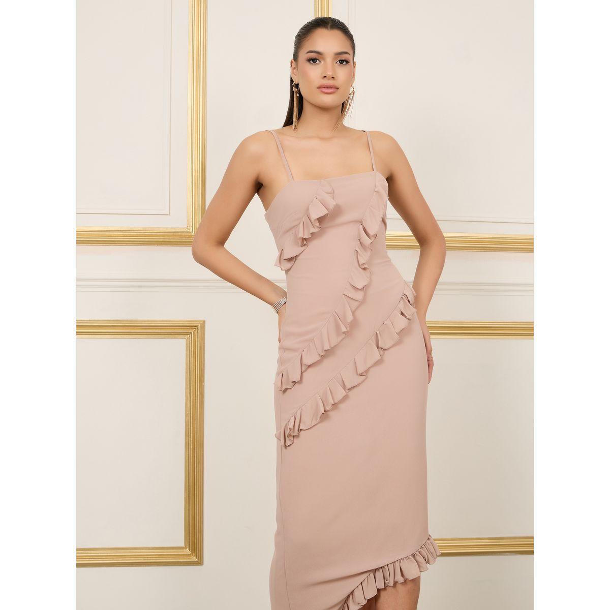 Styli Frill Detail Strappy Asymmetric Hem  Bodycon Maxi Dress-women-clothing-dresses-image-2