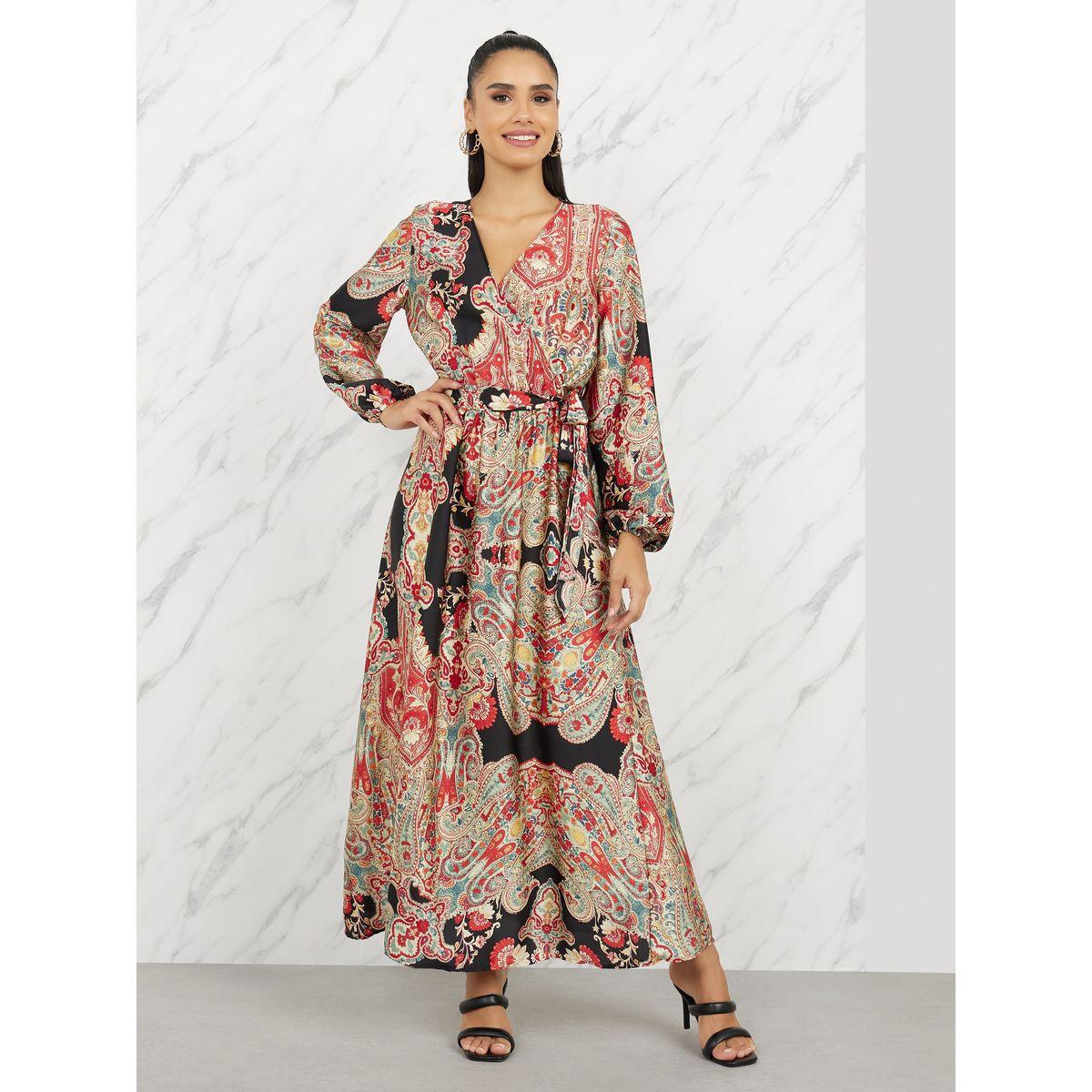 فستان طويل بطبعة بوهيمية ونمط لف-women-clothing-dresses-image-1