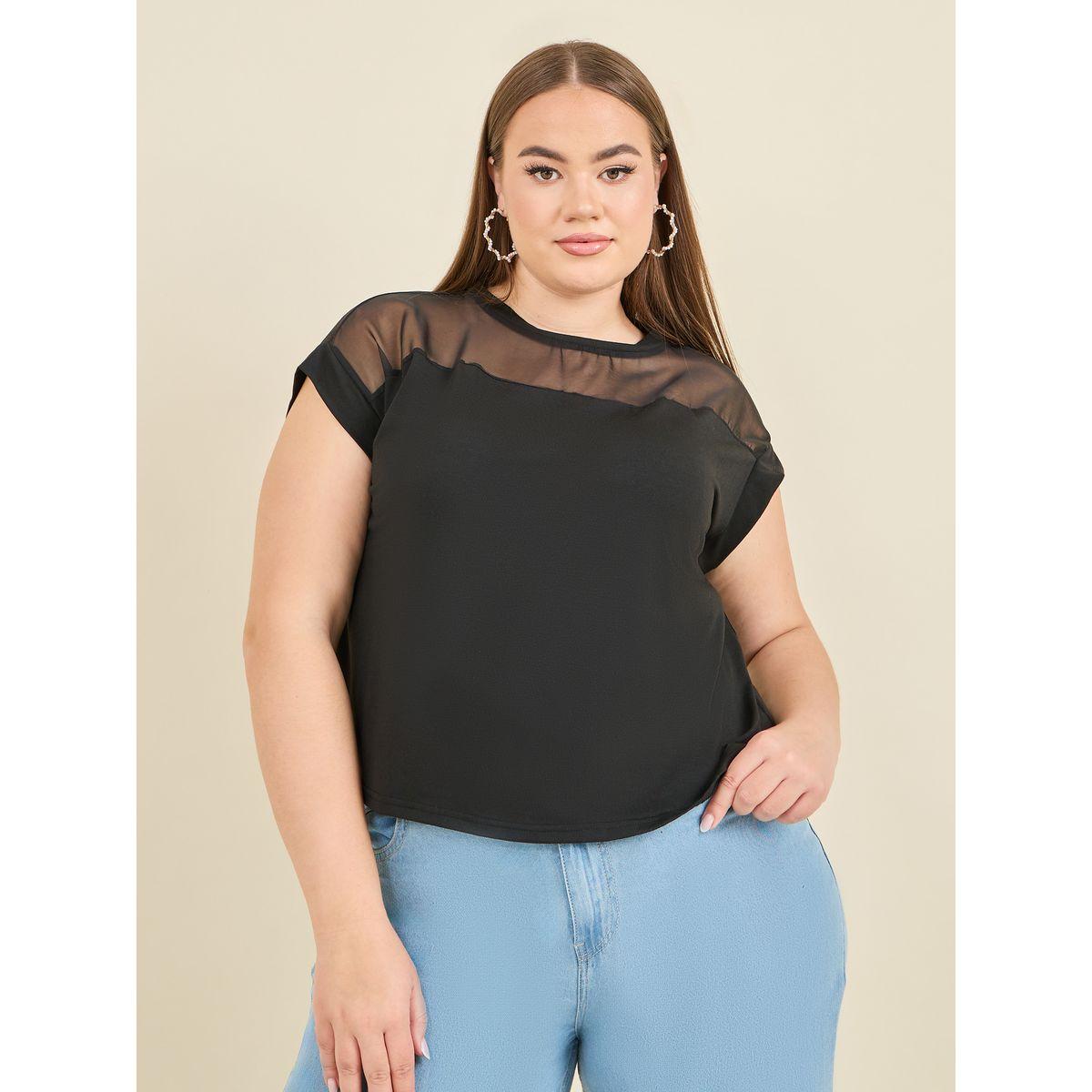 Styli Plus Mesh Insert Regular Fit T-shirt-women-clothing-tshirts-image-1