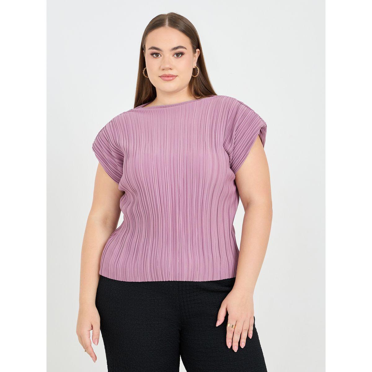 Styli Plus Accordion Pleated Round Neck T-shirt-women-clothing-tshirts-image-1