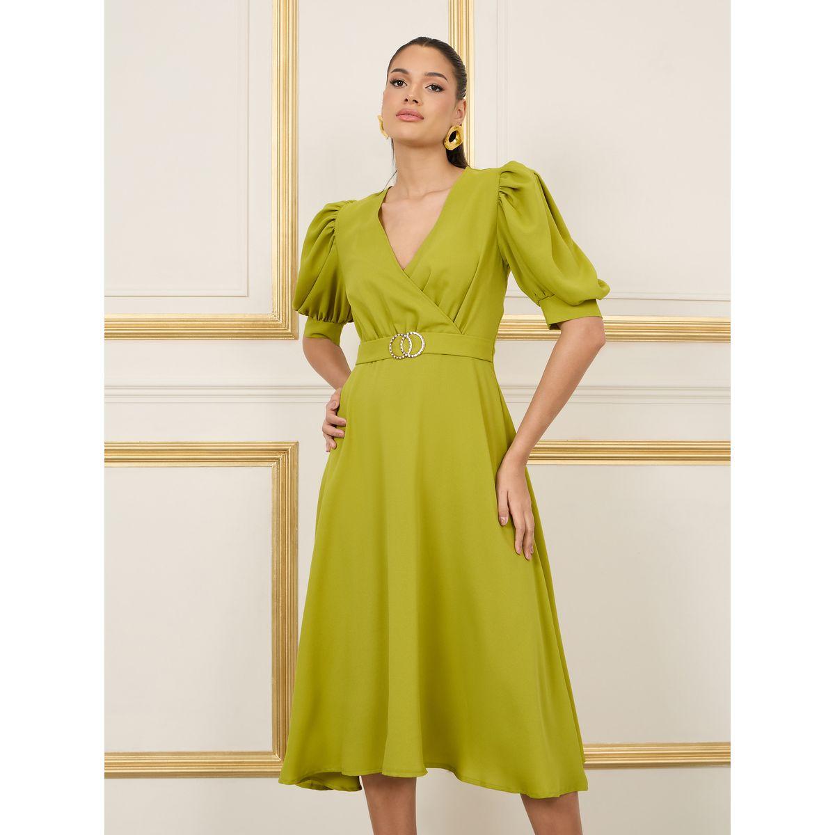 Styli Embellished Buckle Waist Detail A-Line Midi Dress-women-clothing-dresses-image-2
