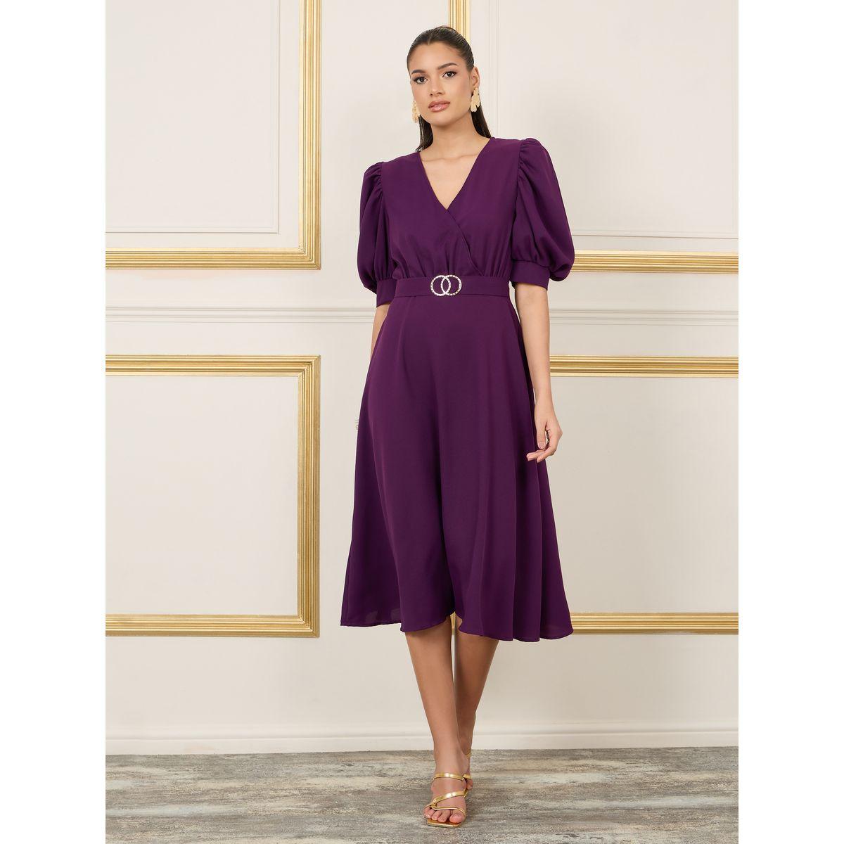 Styli Embellished Buckle Waist Detail A-Line Midi Dress-women-clothing-dresses-image-1