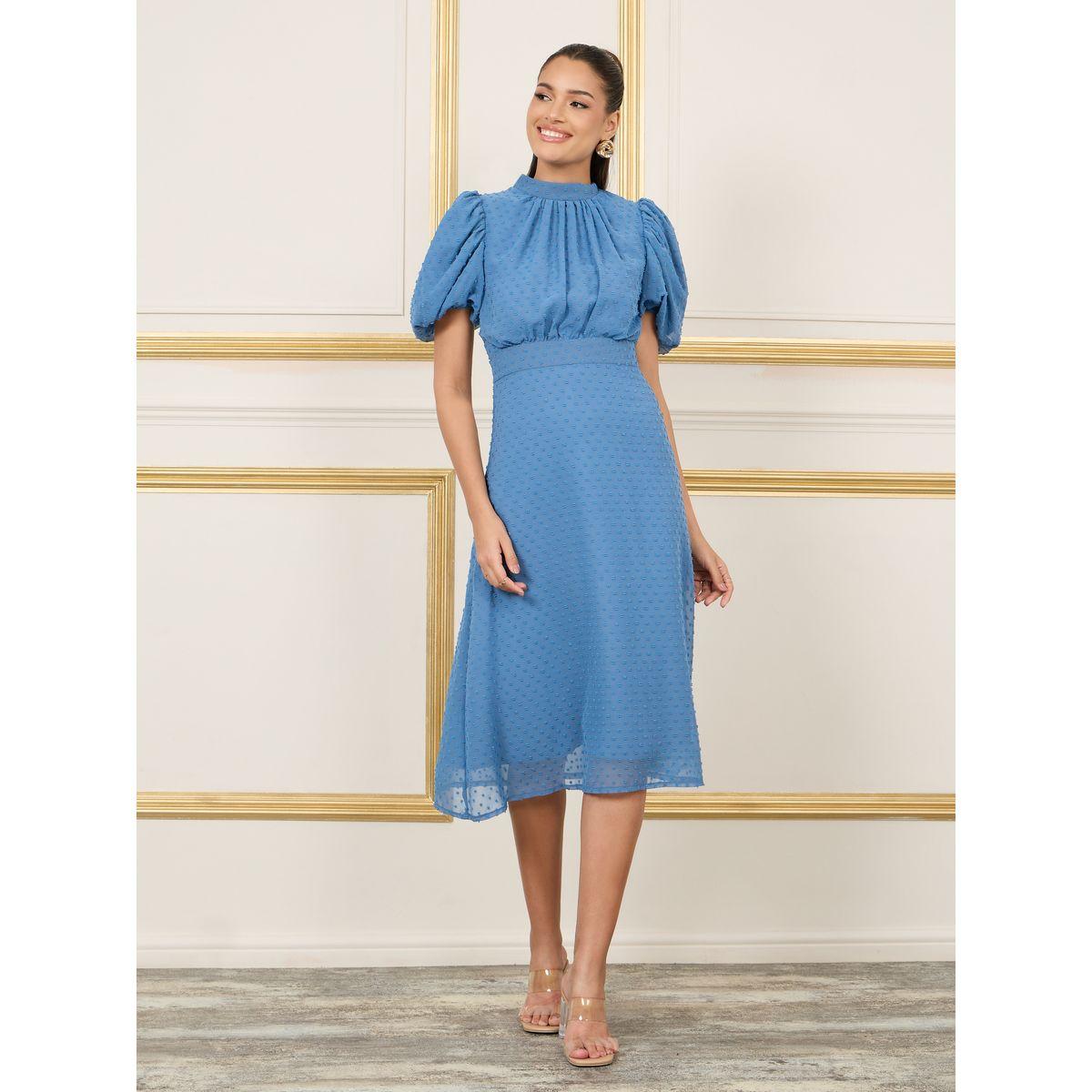 Styli Dobby Gathered Detail Balloon Sleeves High Neck A-Line Midi Dress-women-clothing-dresses-image-1