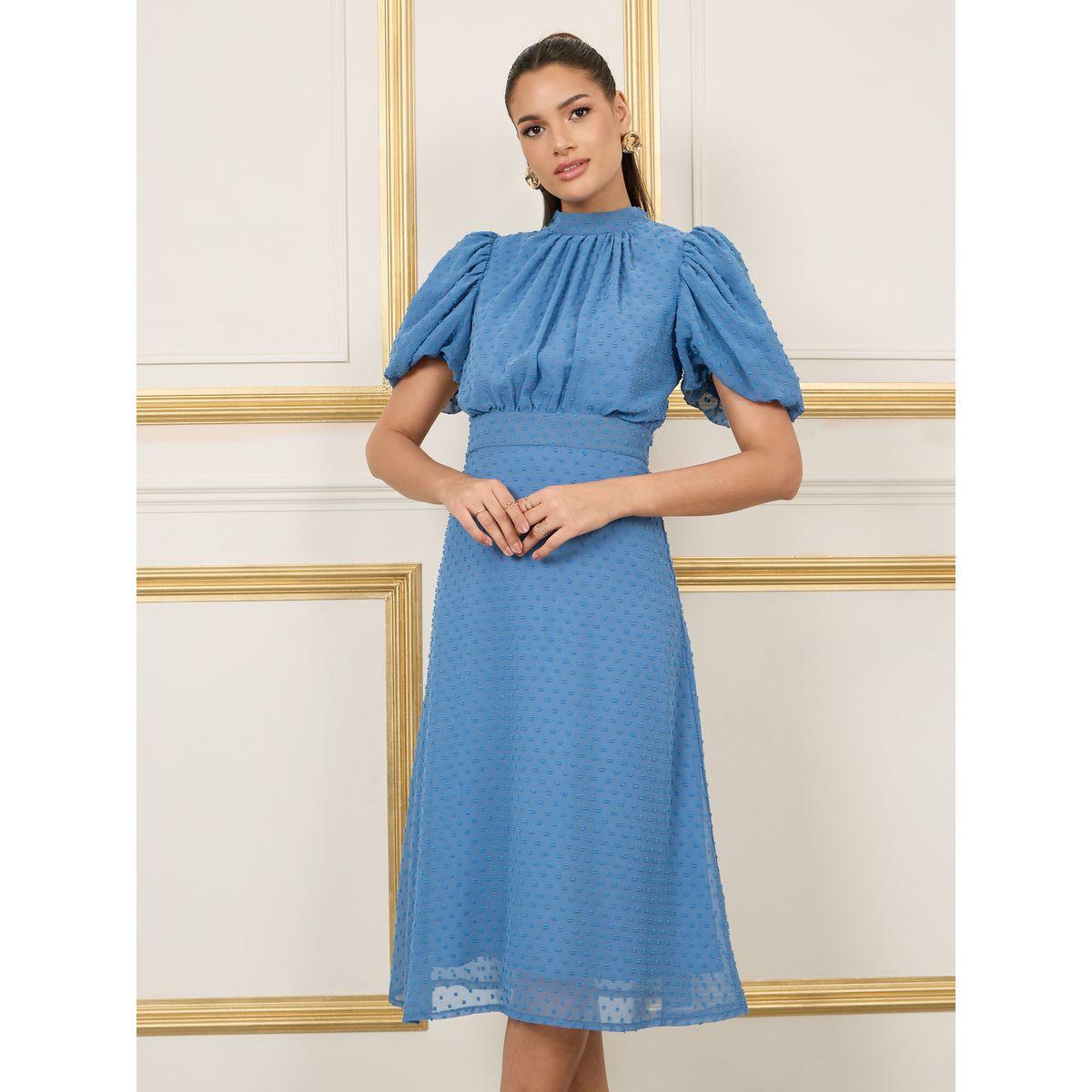 فستان ميدي بياقة عالية واكمام بالون-women-clothing-dresses-image-2