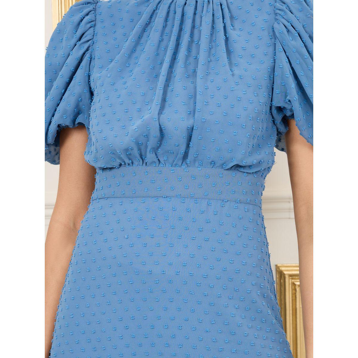 Styli Dobby Gathered Detail Balloon Sleeves High Neck A-Line Midi Dress-women-clothing-dresses-image-3