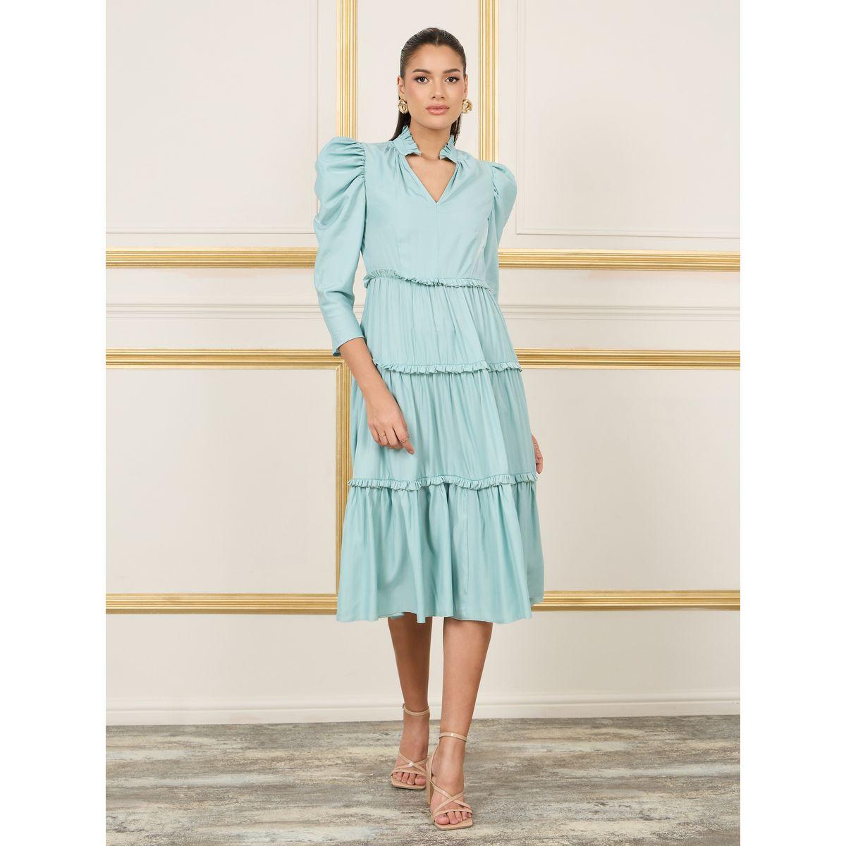 Buy Women s Styli Frill Detail Notch Neck Tiered Midi Dress Online Centrepoint KSA