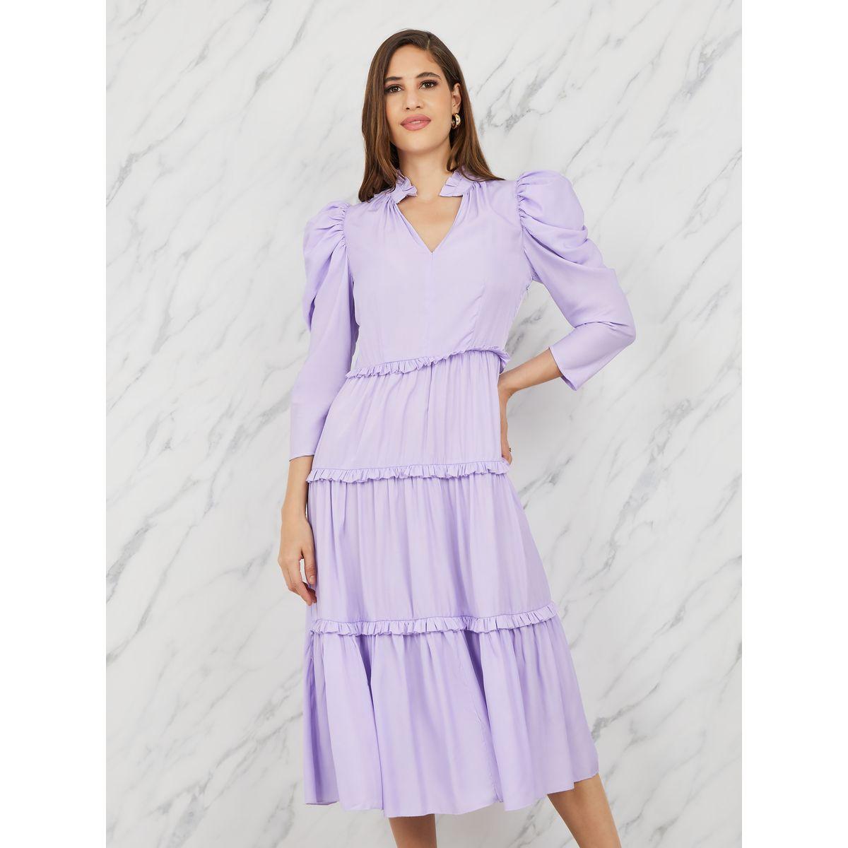 Styli Frill Detail Notch Neck Tiered Midi Dress-women-clothing-dresses-image-2