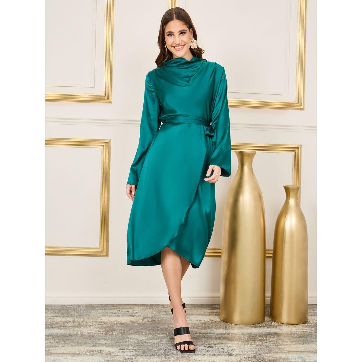فستان ساتان ميدي بياقة عالية ورباط خصر-women-clothing-dresses-image-1