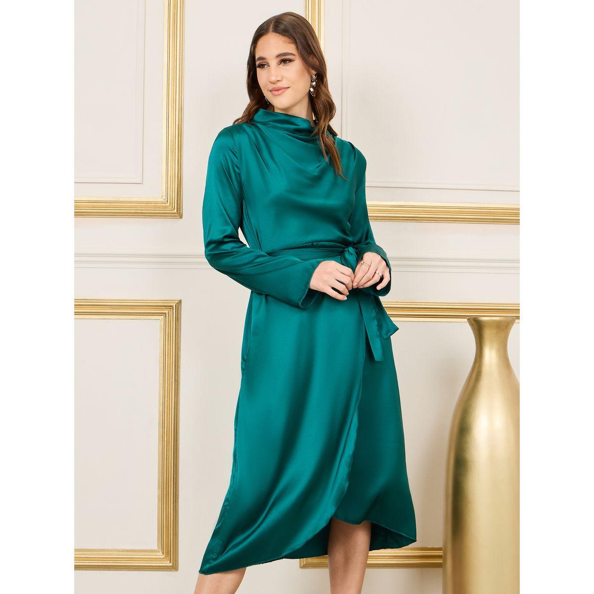 فستان ساتان ميدي بياقة عالية ورباط خصر-women-clothing-dresses-image-2
