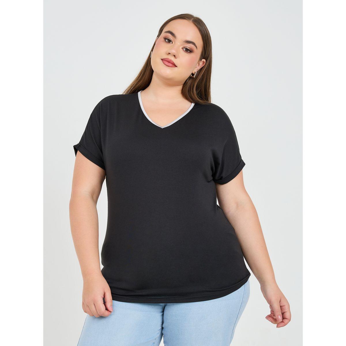 Styli Plus Regular Fit Foil V Neck T-Shirt-women-clothing-tshirts-image-1